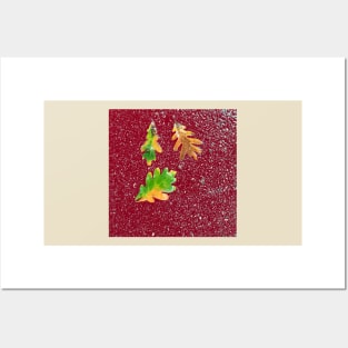 Rainy Leaves on Red Terrazzo Background Posters and Art